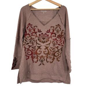 Soft Surroundings Embroidered Boho Tunic Top Size S Taupe Multicolor Applique